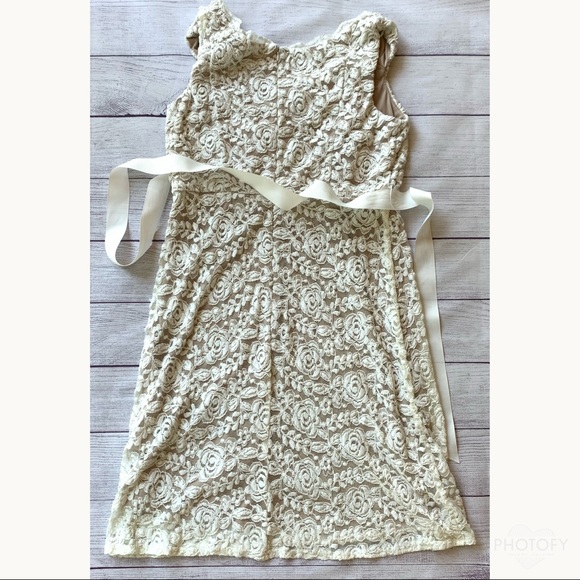 R&M Richards White w/ Tan Lining cocktail dress size Floral Lace Tie Belt Sz 12 - Picture 2 of 14
